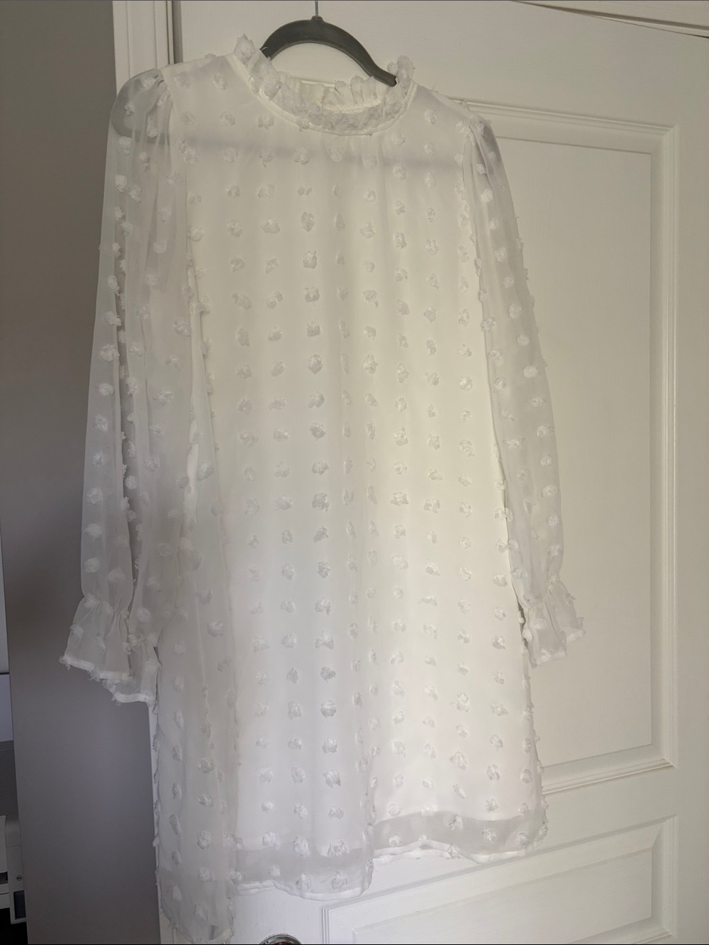White Swiss Dot Long Sleeve Mini Dress